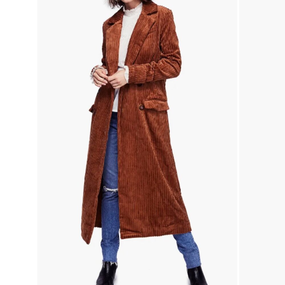 Free People Abbey Road Wide Wale Cotton Corduroy Duster Coat In Cedar